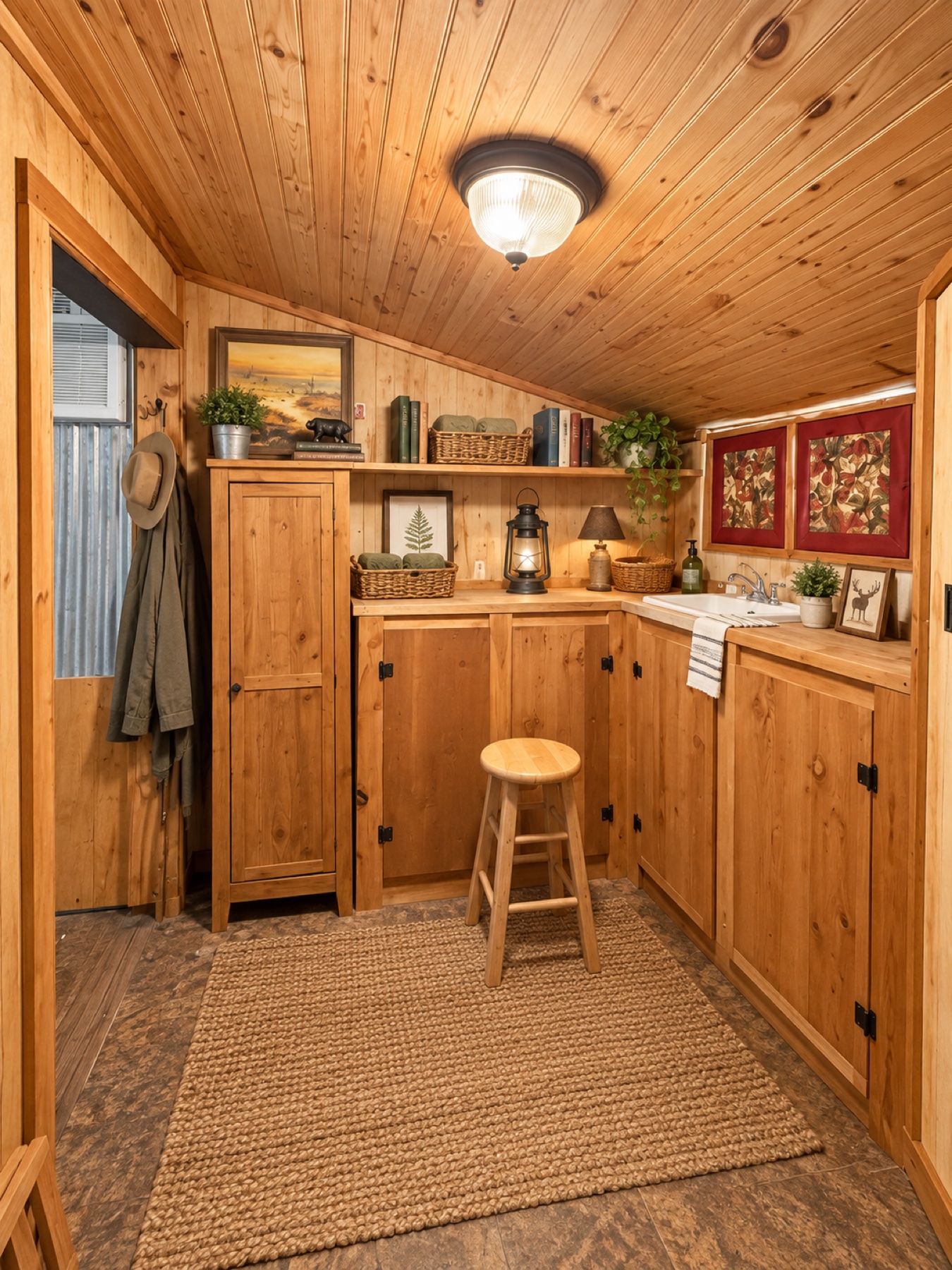 Wood cabinetry and utility sink area in the cabin