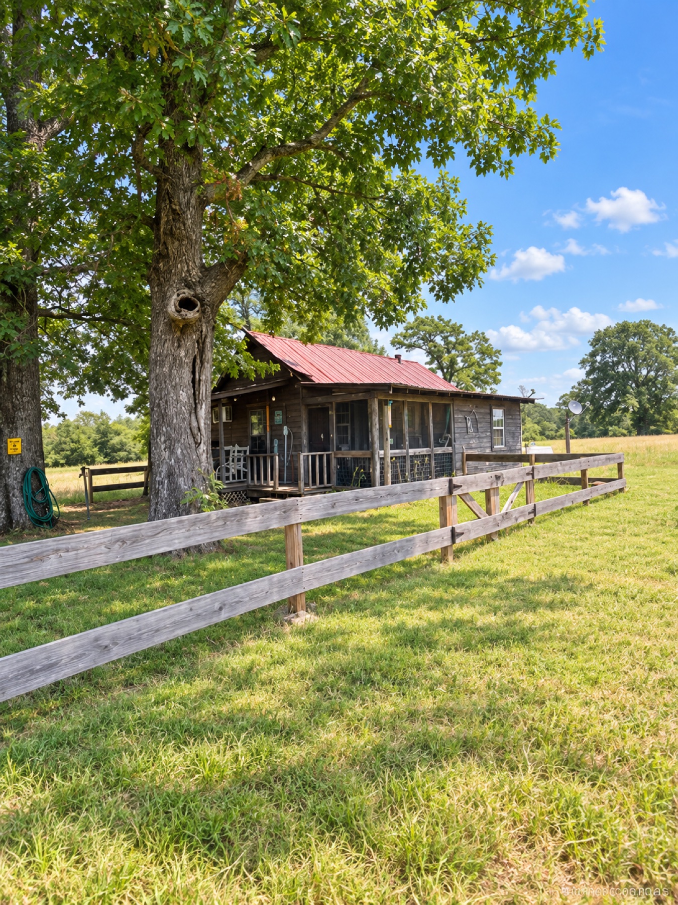Rustic 1930 cabin and fenced yard beneath mature oak trees