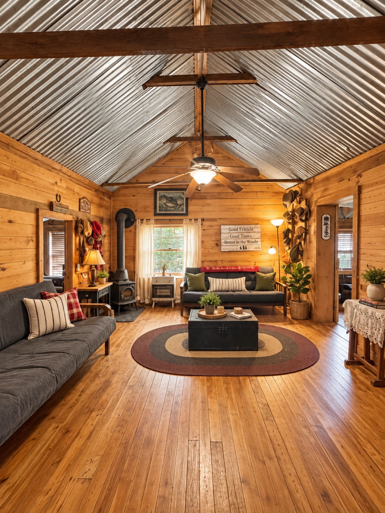Warm wood-paneled living room inside the functional 1930 cabin
