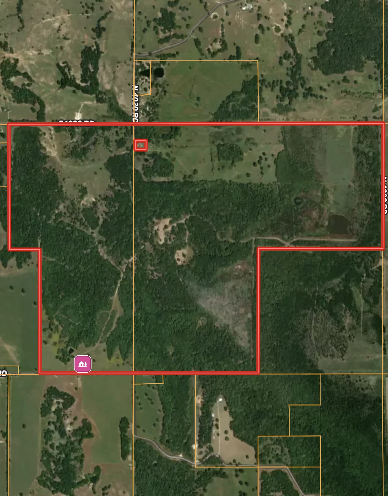 Aerial map showing the approximate boundary of Rolling Stone Ranch, spanning approximately 759 acres near Boswell, Oklahoma